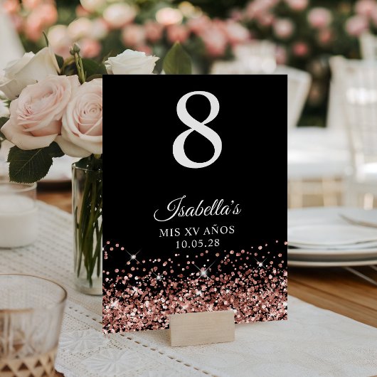 Roze Goud Glitters Zwart Mis XV Jaar Kaart