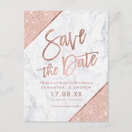 Roze goud glitterscript marmer save the date aankondigingskaart (Voorkant)