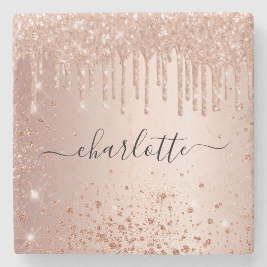 Roze goud glitterscript met naam stenen onderzetter (Voorkant)