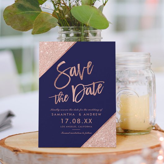Roze goud glitterscriptie navyblauw save the date aankondigingskaart