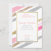 Roze, Goud & Grijs Gestreepte Feestuitnodigingen Kaart (Voorkant)