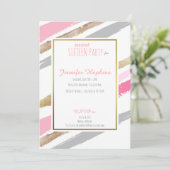 Roze, Goud & Grijs Gestreepte Feestuitnodigingen Kaart (Staand voorkant)