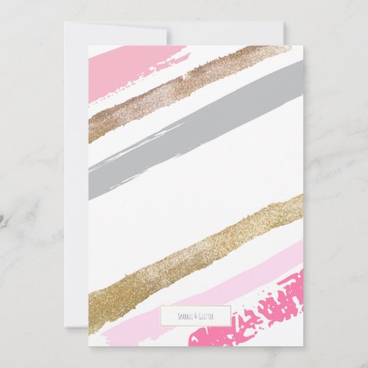Roze, Goud & Grijs Gestreepte Feestuitnodigingen Kaart (Achterkant)