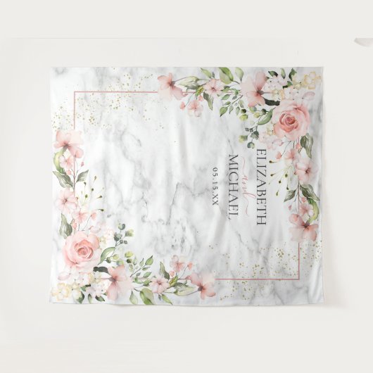 Roze Goud Groene Bloemige Trouw met Stof Roze Wandkleed (Voorkant (horizontaal))