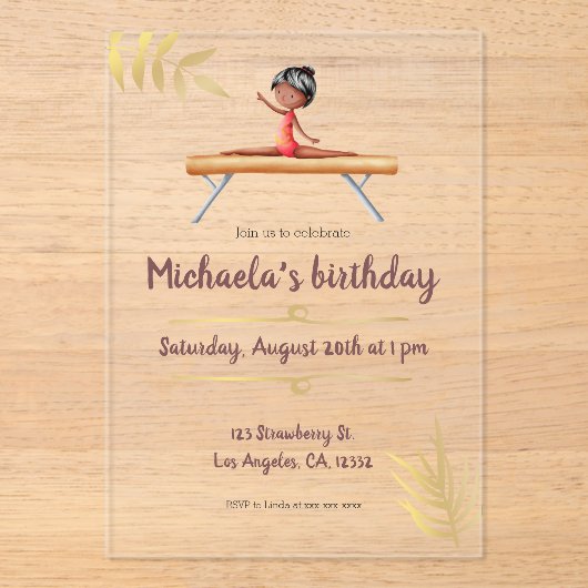 Roze Goud Gymnastiek Meisje Balans Beam Verjaardag Acryl Uitnodigingen (Voorkant)