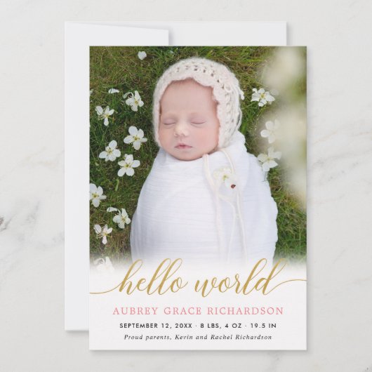 Roze goud hallo wereld bekendmaking baby meisje (Voorkant)