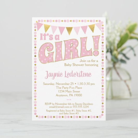 Roze goud Het is een Girl Baby shower Uitnodiging  (Staand voorkant)
