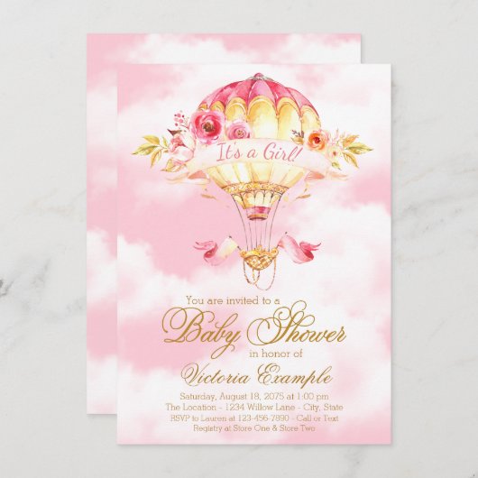 Roze Goud Hete Luchtballon Baby Douche Uitnodiging (Voorkant / Achterkant)