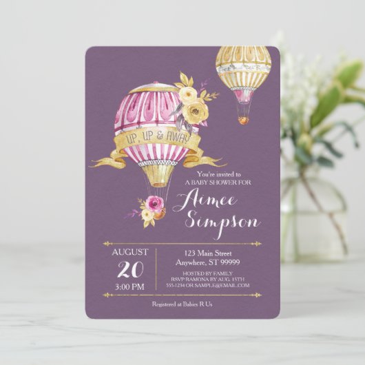 Roze Goud Hete Luchtballon Baby shower Uitnodiging (Staand voorkant)