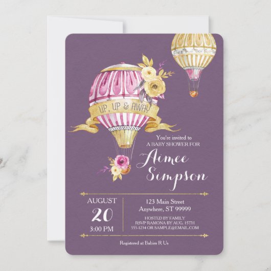 Roze Goud Hete Luchtballon Baby shower Uitnodiging (Voorkant)