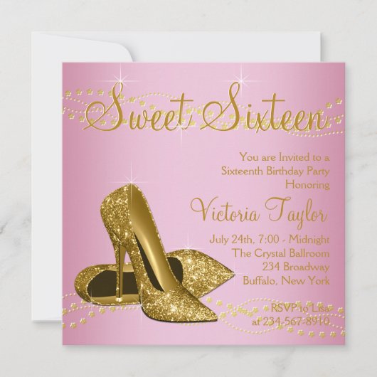 Roze Goud Hoge Hakken Sweet 16 Party Kaart (Voorkant)