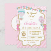 Roze Goud Hot Air Ballon Verjaardagsfeest Uitnodig Kaart (Voorkant / Achterkant)