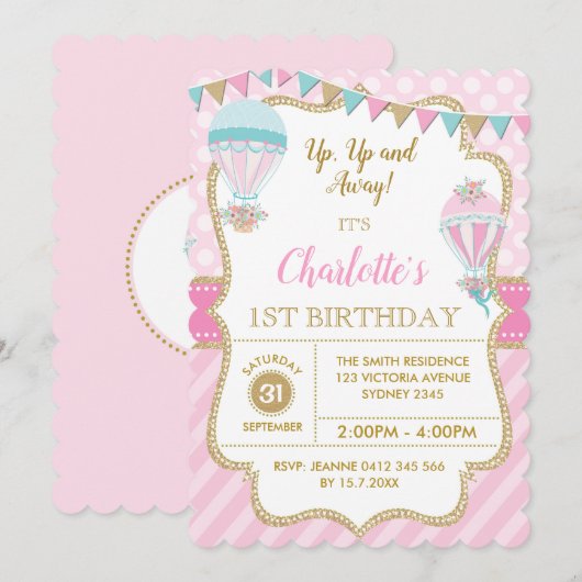 Roze Goud Hot Air Ballon Verjaardagsfeest Uitnodig Kaart (Voorkant / Achterkant)