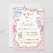 Roze Goud Hot Air Ballon Verjaardagsfeest Uitnodig Kaart (Voorkant)