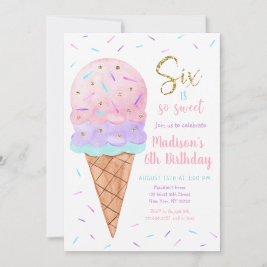 Roze Goud Ice 6e Cream Verjaardag Kaart (Voorkant)