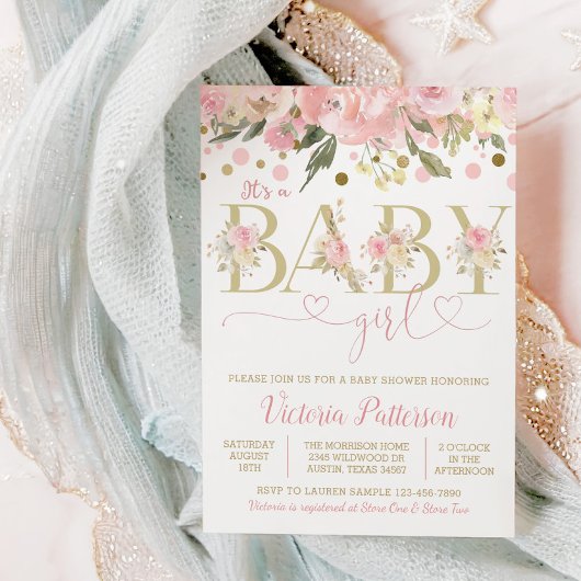Roze goud is een meisje Waterverf Floral Baby show Kaart