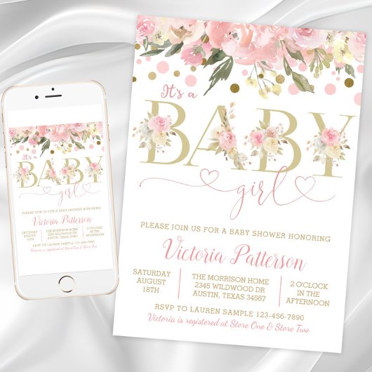 Roze goud is een meisje Waterverf Floral Baby show Kaart