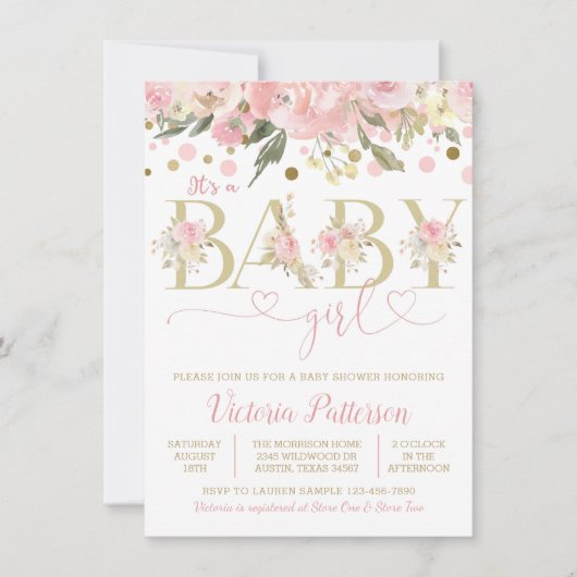 Roze goud is een meisje Waterverf Floral Baby show Kaart (Voorkant)