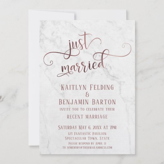 Roze Goud "Just Married" Typografie met Marmer Kaart (Voorkant)