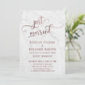 Roze Goud "Just Married" Typografie met Marmer Kaart (Staand voorkant)