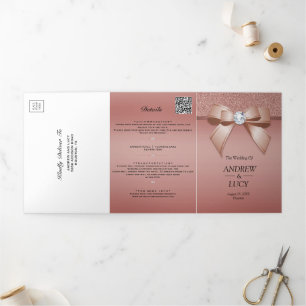 Roze Goud Juweel Boog QR Code Bruiloft Drieluik Uitnodiging