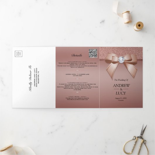 Roze Goud Juweel Boog QR Code Bruiloft Drieluik Uitnodiging (Buitenkant)