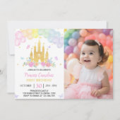 Roze Goud Kasteel Prinses 1e Verjaardag Uitnodigin Kaart (Voorkant)