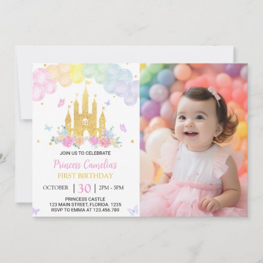 Roze Goud Kasteel Prinses 1e Verjaardag Uitnodigin Kaart (Voorkant)