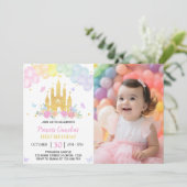 Roze Goud Kasteel Prinses 1e Verjaardag Uitnodigin Kaart (Staand voorkant)