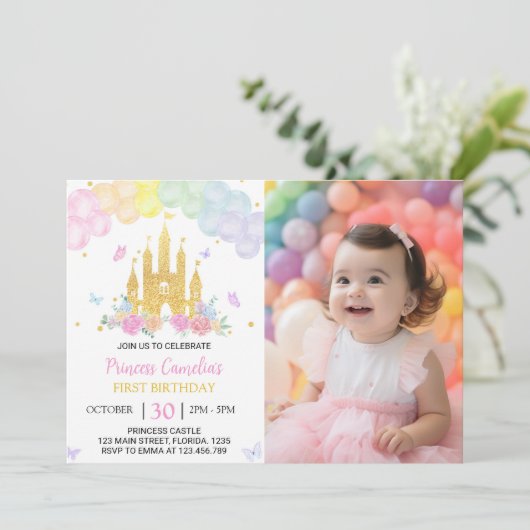 Roze Goud Kasteel Prinses 1e Verjaardag Uitnodigin Kaart (Staand voorkant)