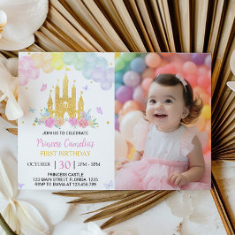 Roze Goud Kasteel Prinses 1e Verjaardag Uitnodigin Kaart