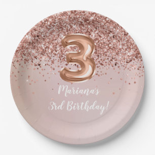 Roze Goud Kiddie Meisjes 3e Verjaardagsfeestje Papieren Bordje