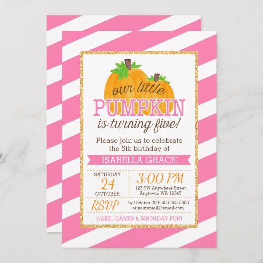 Roze Goud Klein Pompoen Meisje 5e Verjaardag Kaart (Voorkant / Achterkant)