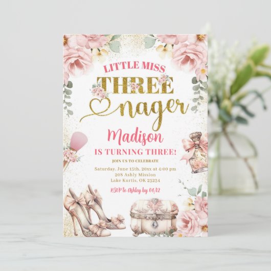 Roze Goud Kleine Miss Threenager Derde verjaardag Kaart (Staand voorkant)
