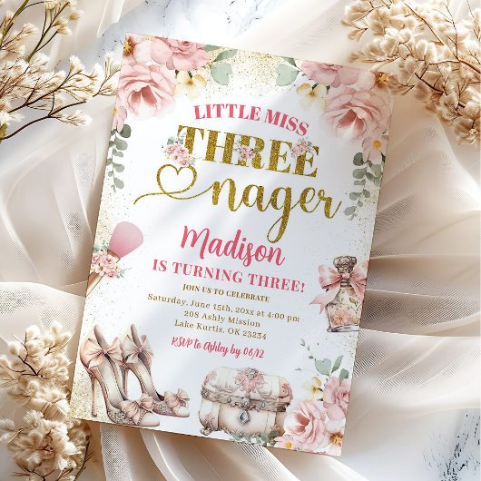Roze Goud Kleine Miss Threenager Derde verjaardag Kaart