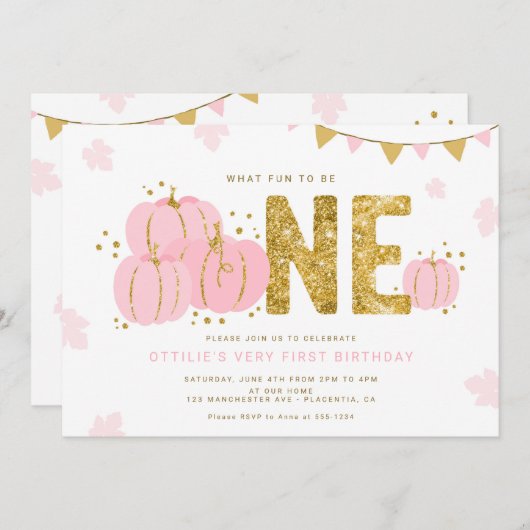 Roze Goud Kleine Pompoen Eerste Verjaardag Meisje Kaart (Voorkant / Achterkant)