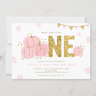Roze Goud Kleine Pompoen Eerste Verjaardag Meisje Kaart
