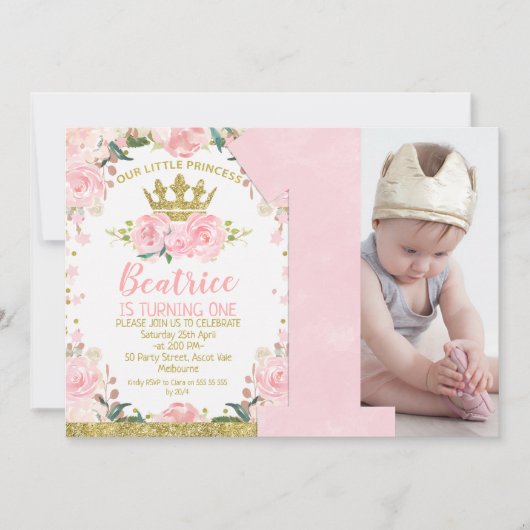 Roze Goud Kleine Prinses Kroon 1e Verjaardag Kaart (Voorkant)