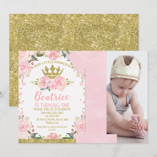 Roze Goud Kleine Prinses Kroon 1e Verjaardag Kaart (Voorkant / Achterkant)