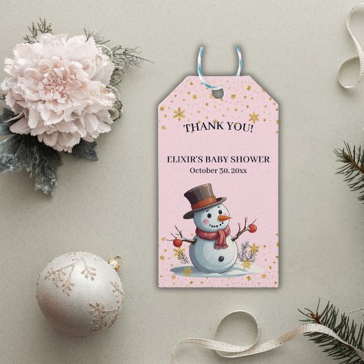 Roze & Goud Kleine Sneeuwvlokken Sneeuwman Baby sh Cadeaulabel