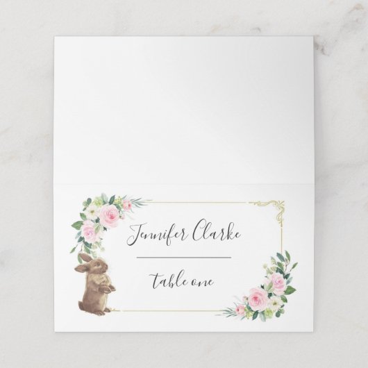 Roze & Goud Konijn Bloemen Plaatskaartje (Buitenkant ongevouwen)