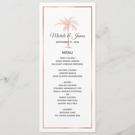 Roze Goud Koper Palmboom Wit Marmeren Huwelijk Menu (Voorkant)