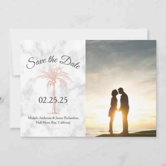 Roze Goud Koperen Palmboom Marmeren Foto Bruiloft Save The Date (Voorkant)
