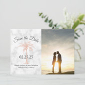 Roze Goud Koperen Palmboom Marmeren Foto Bruiloft Save The Date (Staand voorkant)
