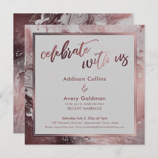 Roze Goud & Lichtgrijze Marmer Vier Feest Met Ons Kaart (Voorkant / Achterkant)