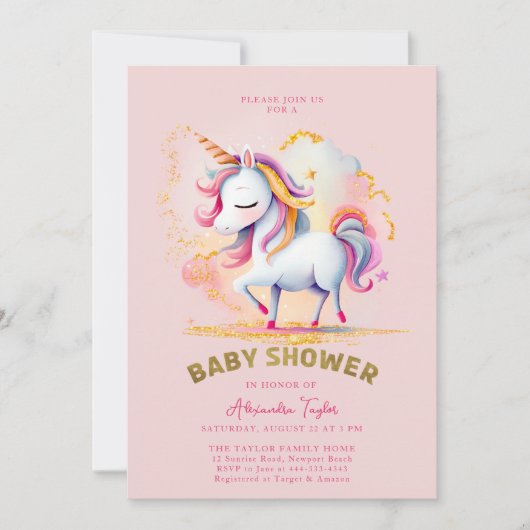 Roze Goud Magische Eenhoorn Regenboog Meisje Baby  Kaart (Voorkant)
