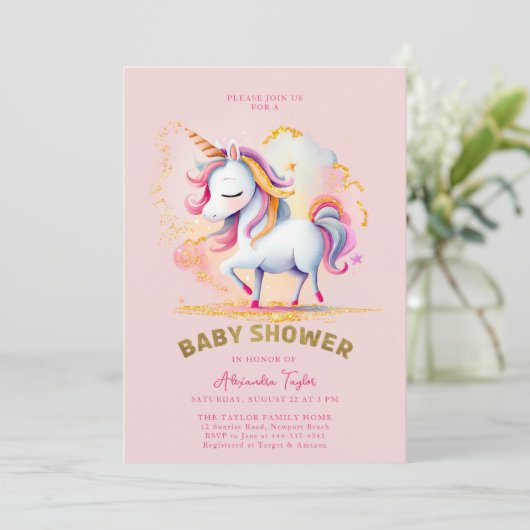 Roze Goud Magische Eenhoorn Regenboog Meisje Baby Kaart (Staand voorkant)