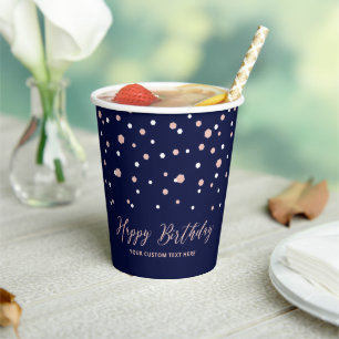 Roze goud & marine confetti volwassenen verjaardag papieren bekers