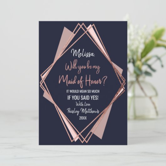 Roze Goud Marineblauw Mauve Geometrisch Hoofd Brui Kaart (Staand voorkant)