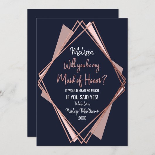 Roze Goud Marineblauw Mauve Geometrisch Hoofd Brui Kaart (Voorkant / Achterkant)